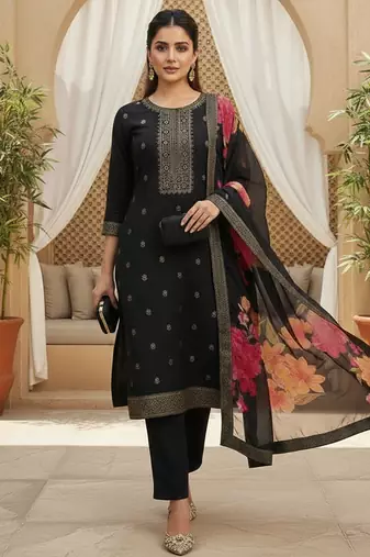 Women black silk blend ethnic motifs stoning straight kurta trouser with dupatta
