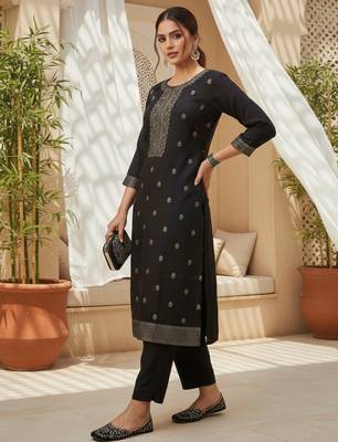 Women black silk blend ethnic motifs stoning straight kurta trouser with dupatta 2
