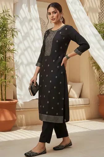 Women black silk blend ethnic motifs stoning straight kurta trouser with dupatta