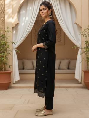 Women black silk blend ethnic motifs stoning straight kurta trouser with dupatta 3