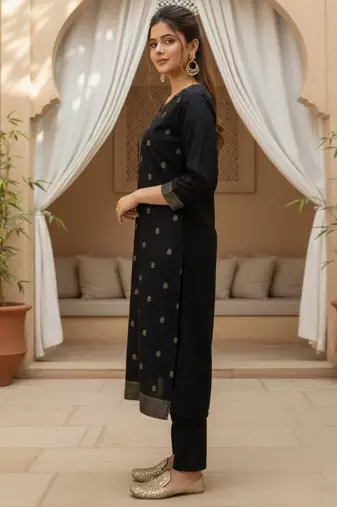 Women black silk blend ethnic motifs stoning straight kurta trouser with dupatta