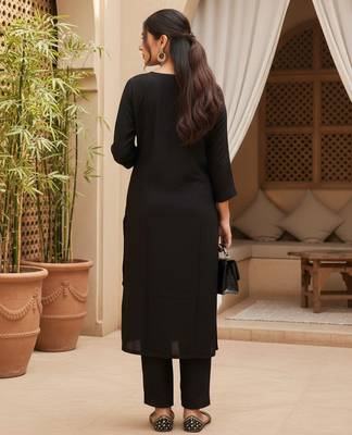 Women black silk blend ethnic motifs stoning straight kurta trouser with dupatta 4