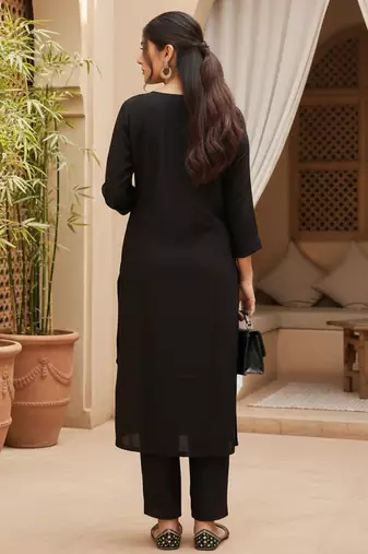 Women black silk blend ethnic motifs stoning straight kurta trouser with dupatta