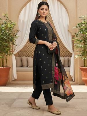 Women black silk blend ethnic motifs stoning straight kurta trouser with dupatta 5