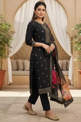 Women black silk blend ethnic motifs stoning straight kurta trouser with dupatta