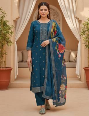 Women blue silk blend ethnic motifs stoning straight kurta trouser with dupatta 1