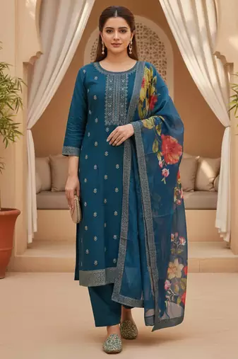 Women blue silk blend ethnic motifs stoning straight kurta trouser with dupatta