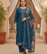 Women blue silk blend ethnic motifs stoning straight kurta trouser with dupatta
