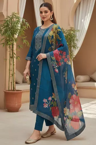Women blue silk blend ethnic motifs stoning straight kurta trouser with dupatta