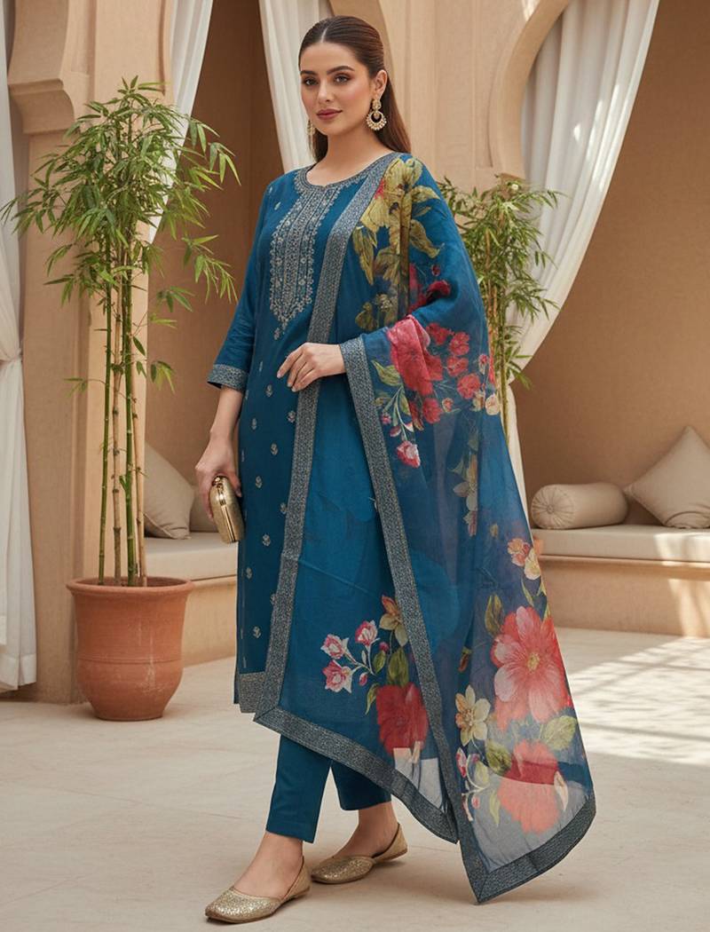 Women blue silk blend ethnic motifs stoning straight kurta trouser with dupatta