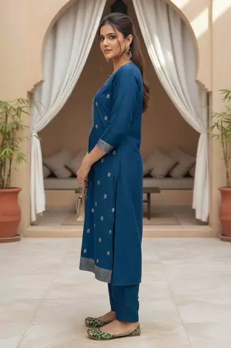 Women blue silk blend ethnic motifs stoning straight kurta trouser with dupatta
