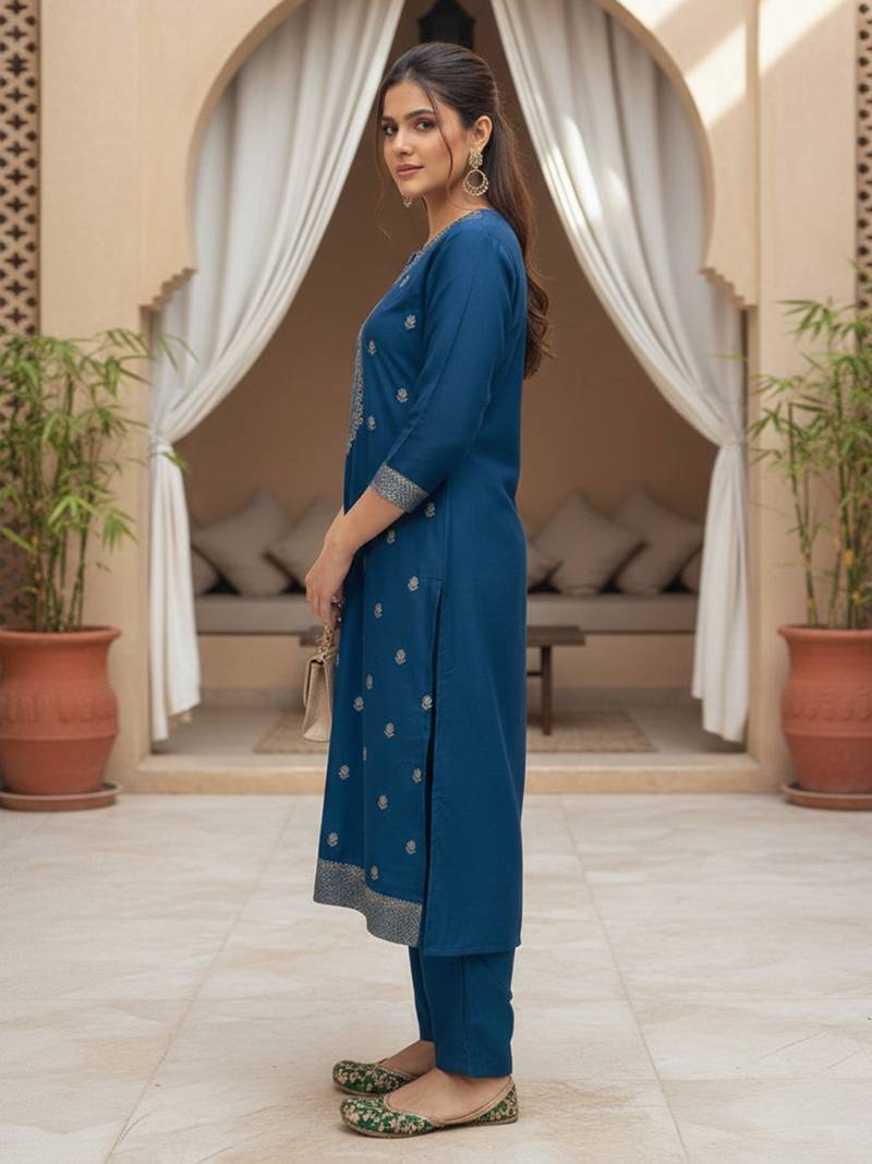 Women blue silk blend ethnic motifs stoning straight kurta trouser with dupatta