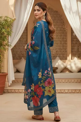Women blue silk blend ethnic motifs stoning straight kurta trouser with dupatta