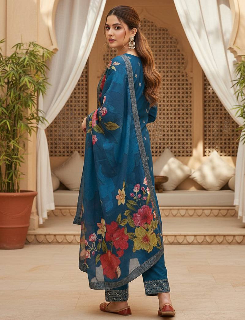 Women blue silk blend ethnic motifs stoning straight kurta trouser with dupatta