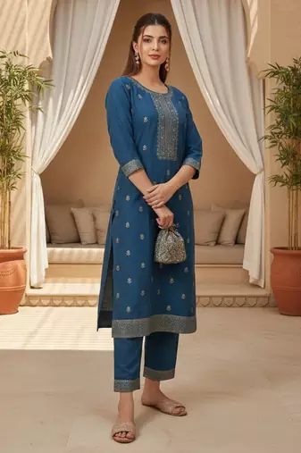 Women blue silk blend ethnic motifs stoning straight kurta trouser with dupatta