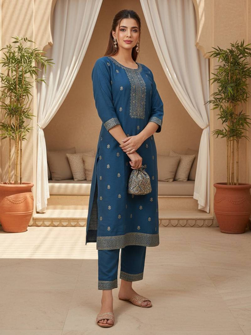 Women blue silk blend ethnic motifs stoning straight kurta trouser with dupatta