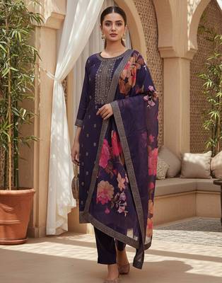 Women purple silk blend ethnic motifs stoning straight kurta trouser with dupatta 1