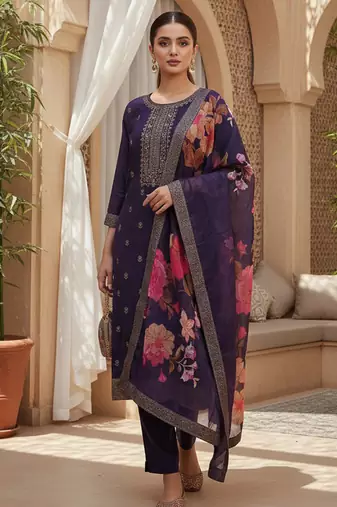 Women purple silk blend ethnic motifs stoning straight kurta trouser with dupatta