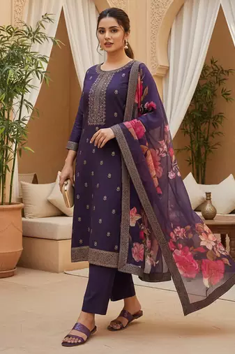 Women purple silk blend ethnic motifs stoning straight kurta trouser with dupatta