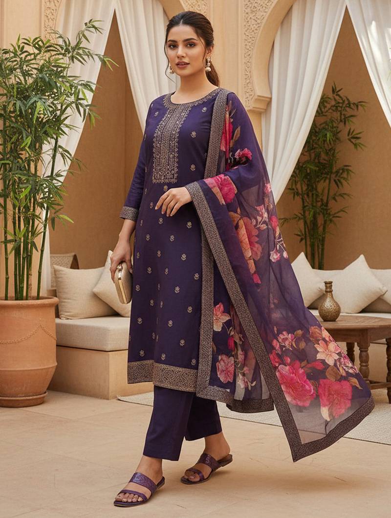 Women purple silk blend ethnic motifs stoning straight kurta trouser with dupatta