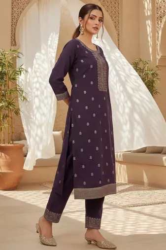 Women purple silk blend ethnic motifs stoning straight kurta trouser with dupatta