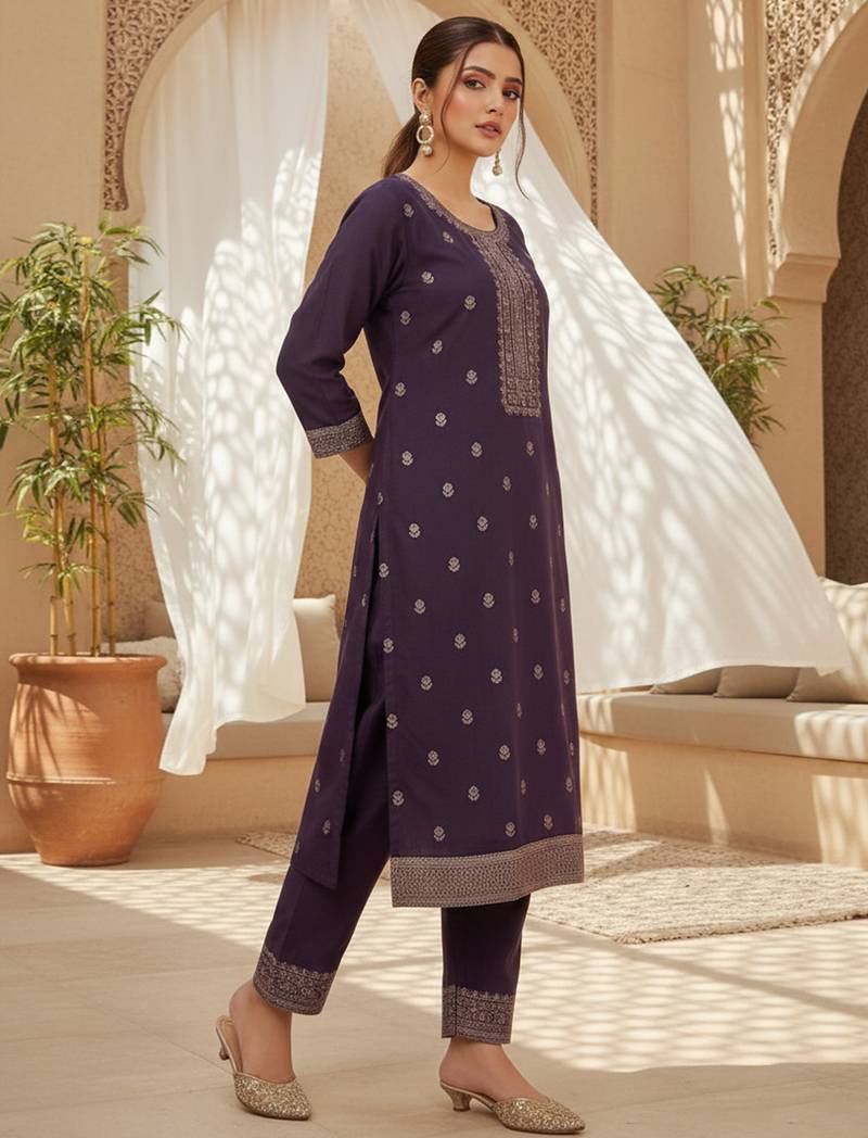 Women purple silk blend ethnic motifs stoning straight kurta trouser with dupatta
