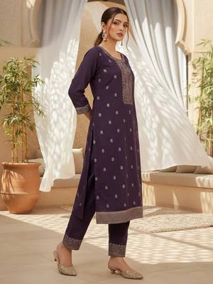Women purple silk blend ethnic motifs stoning straight kurta trouser with dupatta 5