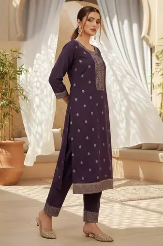 Women purple silk blend ethnic motifs stoning straight kurta trouser with dupatta