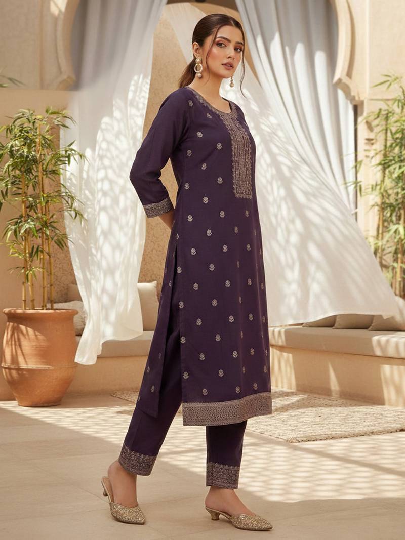 Women purple silk blend ethnic motifs stoning straight kurta trouser with dupatta