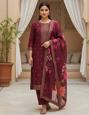 Women maroon silk blend ethnic motifs stoning straight kurta trouser with dupatta 1