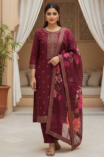 Women maroon silk blend ethnic motifs stoning straight kurta trouser with dupatta