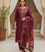 Women maroon silk blend ethnic motifs stoning straight kurta trouser with dupatta