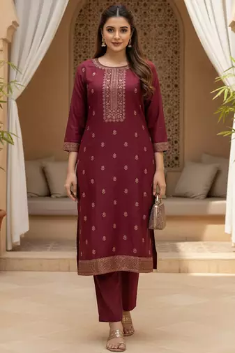 Women maroon silk blend ethnic motifs stoning straight kurta trouser with dupatta