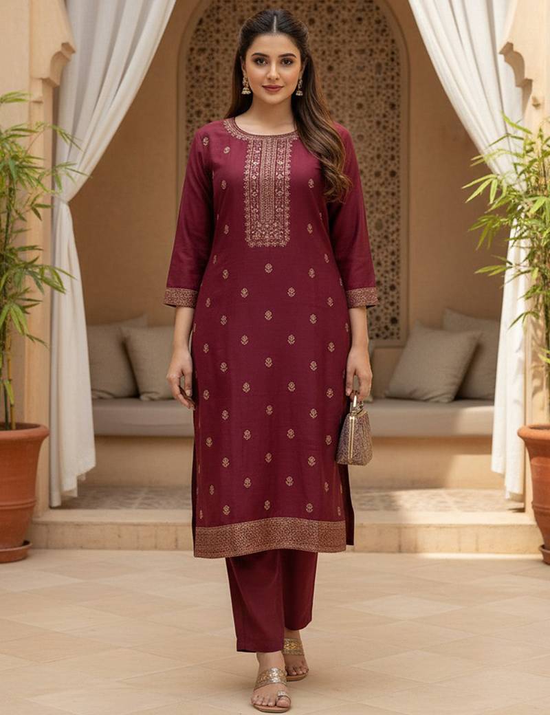Women maroon silk blend ethnic motifs stoning straight kurta trouser with dupatta