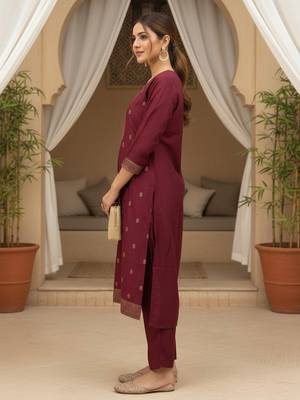 Women maroon silk blend ethnic motifs stoning straight kurta trouser with dupatta 3