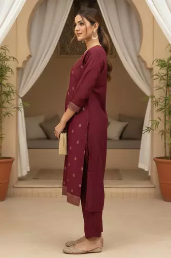 Women maroon silk blend ethnic motifs stoning straight kurta trouser with dupatta