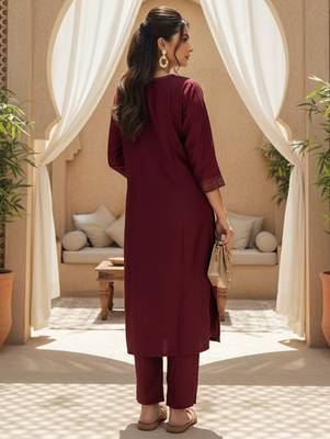 Women maroon silk blend ethnic motifs stoning straight kurta trouser with dupatta 4