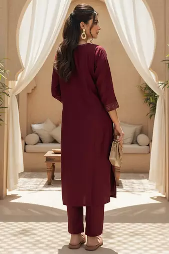 Women maroon silk blend ethnic motifs stoning straight kurta trouser with dupatta