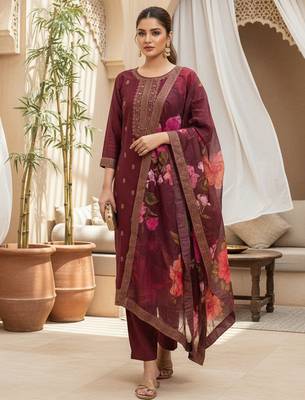 Women maroon silk blend ethnic motifs stoning straight kurta trouser with dupatta 5