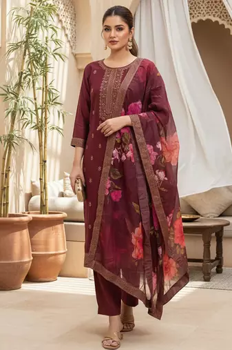 Women maroon silk blend ethnic motifs stoning straight kurta trouser with dupatta
