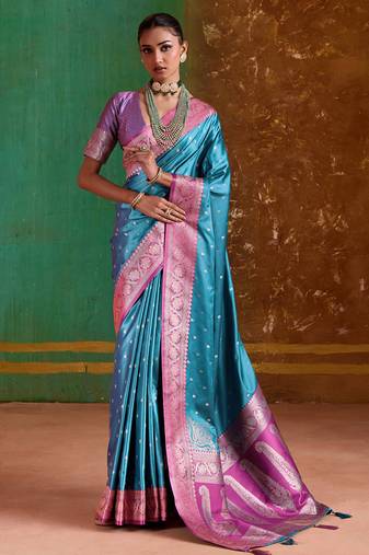 sky blue satin handloom weaving silk with contrast border and pallu