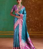 sky blue satin handloom weaving silk with contrast border and pallu