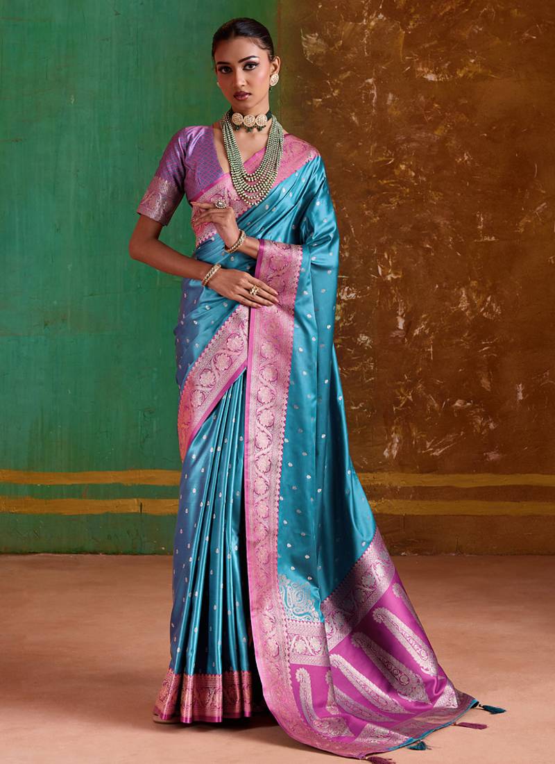 sky blue satin handloom weaving silk with contrast border and pallu