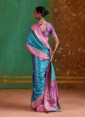 sky blue satin handloom weaving silk with contrast border and pallu 2