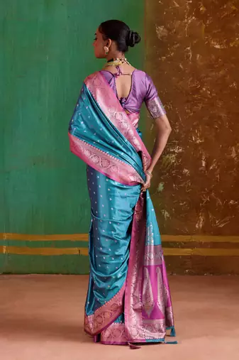 sky blue satin handloom weaving silk with contrast border and pallu