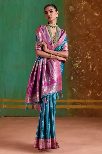 sky blue satin handloom weaving silk with contrast border and pallu