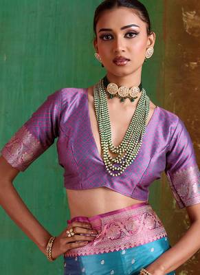 sky blue satin handloom weaving silk with contrast border and pallu 4