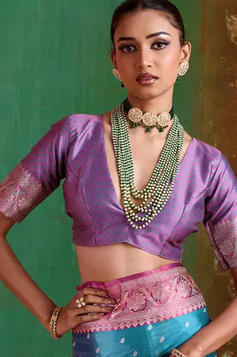 sky blue satin handloom weaving silk with contrast border and pallu