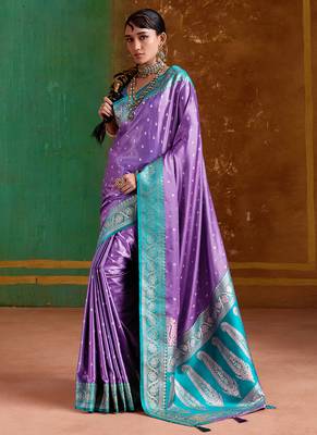 lavender satin handloom weaving silk with contrast border and pallu 1