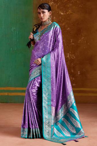 lavender satin handloom weaving silk with contrast border and pallu